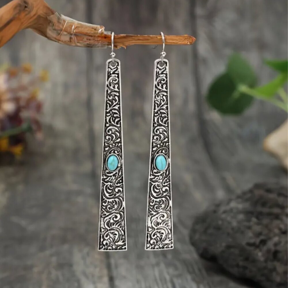 Turquoise Accent Filigree Drop Earrings - Silver Tone